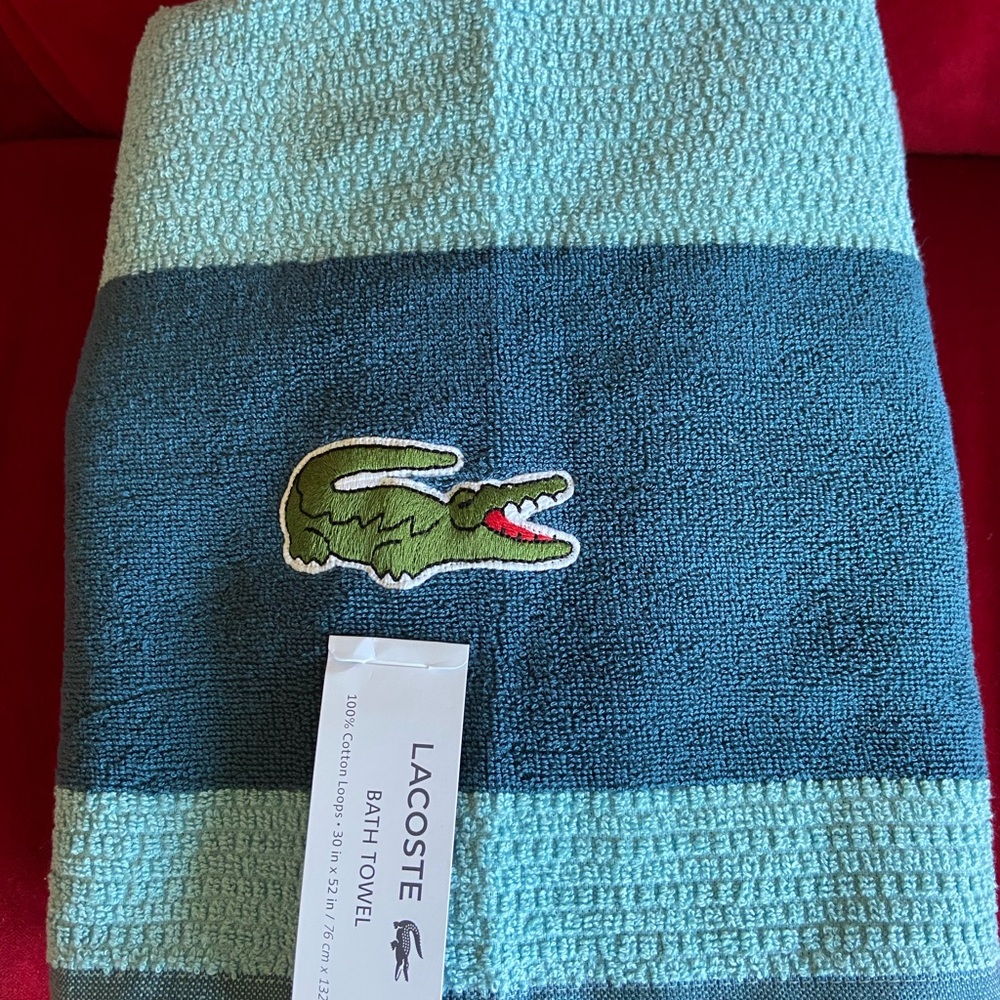 Lacoste Aqua and Teal Cotton Bath Towel NEW